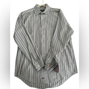 Men's Johnston & Murphy white blue brown stripe LS Dress shirt‎ Size Medium